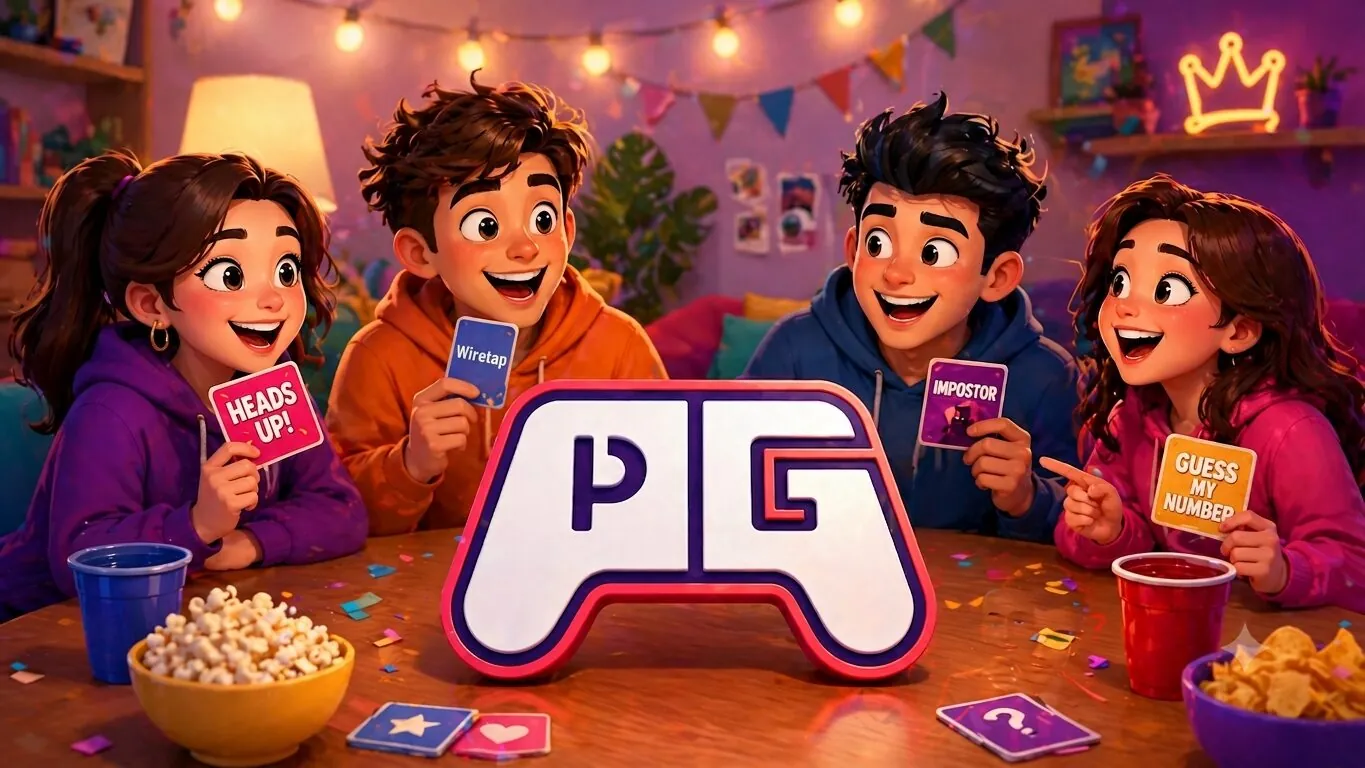 Friends playing Phyx Games party games together: Heads Up, Wiretap, Impostor, and Guess My Number